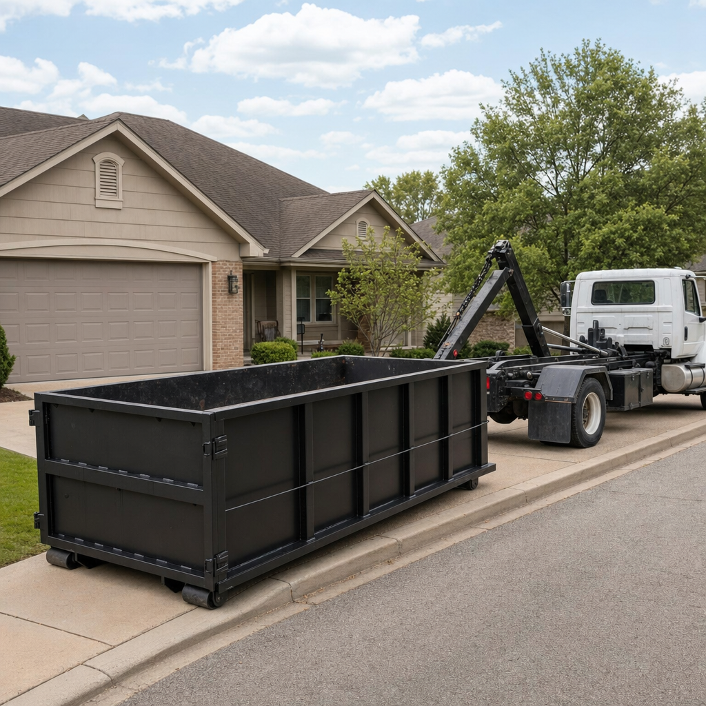 Wide documentary shot of a matte-black roll-off dumpster on a Rowlett residential driveway in the foreground and a contractor jobsite container in the soft-focus background, bright daylight, calm and orderly composition.
